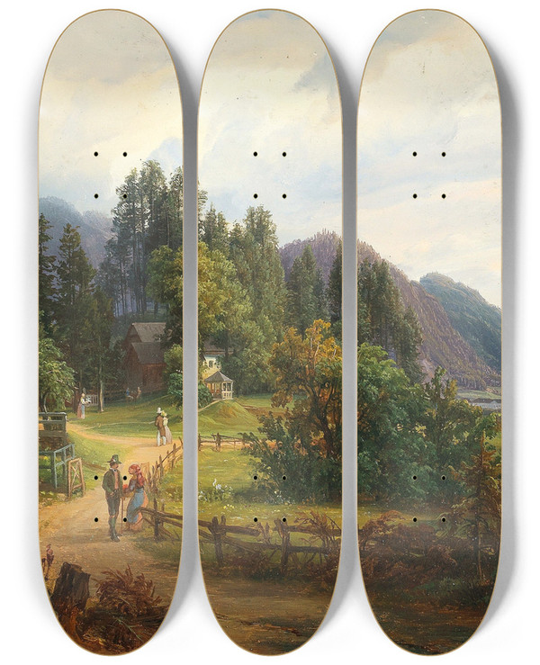 Triptych art skateboard deck of Anton Schiffer A View Of Bad Ischl by Anton Schiffer (1811-1876)