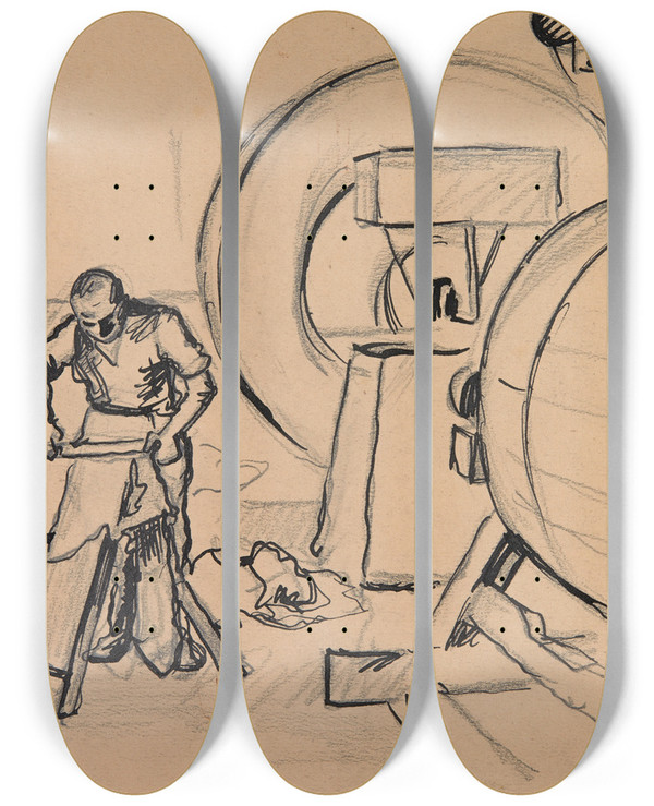 Triptych art skateboard deck of Ivan Ivanec Garbarz Przy Pracy by Ivan Ivanec (1893-1946)