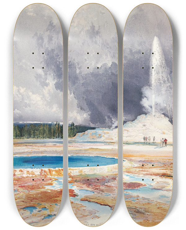 Triptych art skateboard deck of Thomas Moran Old Castle Geyser by Thomas Moran (1837-1926)