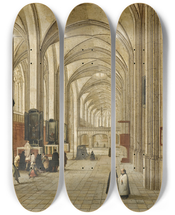 Triptych art skateboard deck of Pieter Neeffs The Elder Interior Of A Gothic Church_2 by Pieter Neeffs The Elder (1620-1675)