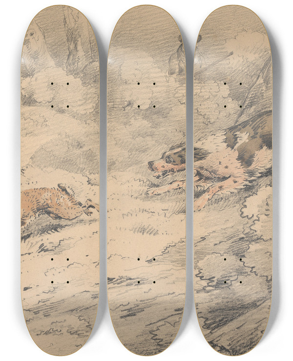 Triptych art skateboard deck of Samuel Alken Spaniel Chasing A Hare by Samuel Alken (1756-1815)