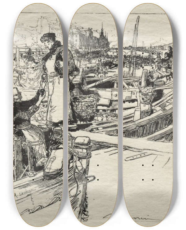 Triptych art skateboard deck of Auguste Louis Lepre Le March Aux Pommes No 1 by Auguste Louis Lepere (1849-1918)