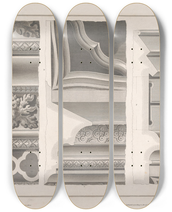 Triptych art skateboard deck of John Topham Plate Xi St Stephens Chapel by John Topham