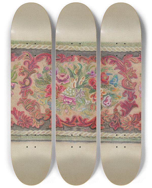 Triptych art skateboard deck of Lillian M Mosseller Hooked Rug_7 by Lillian M Mosseller