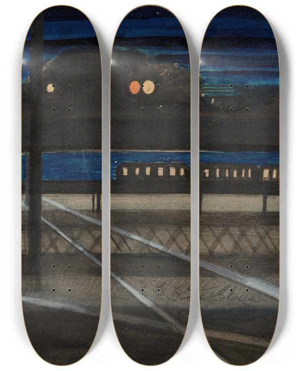 Triptych art skateboard deck of Joseph Stella Elevated Railroad by Joseph Stella (1877-1946)