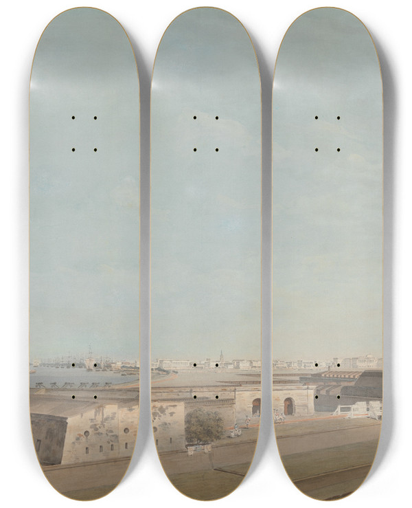 Triptych art skateboard deck of Samuel Davis Calcutta by Samuel Davis (1757-1819)
