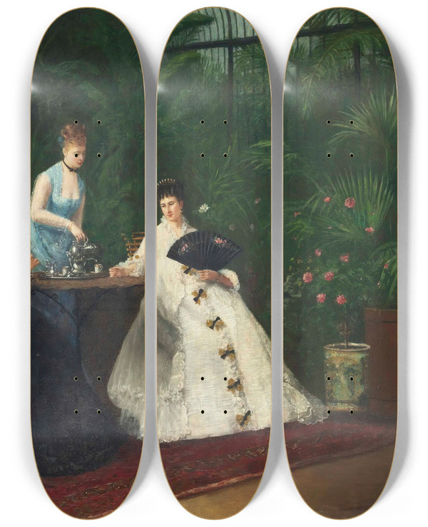 Triptych art skateboard deck of Jeanne Samson Tea In The Conservatory by Jeanne Samson (19-)