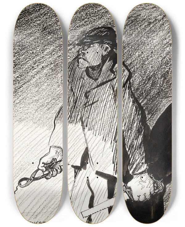 Triptych art skateboard deck of Albert Engstrm Professor Of Statistics by Albert Engstrom (1869-1940)