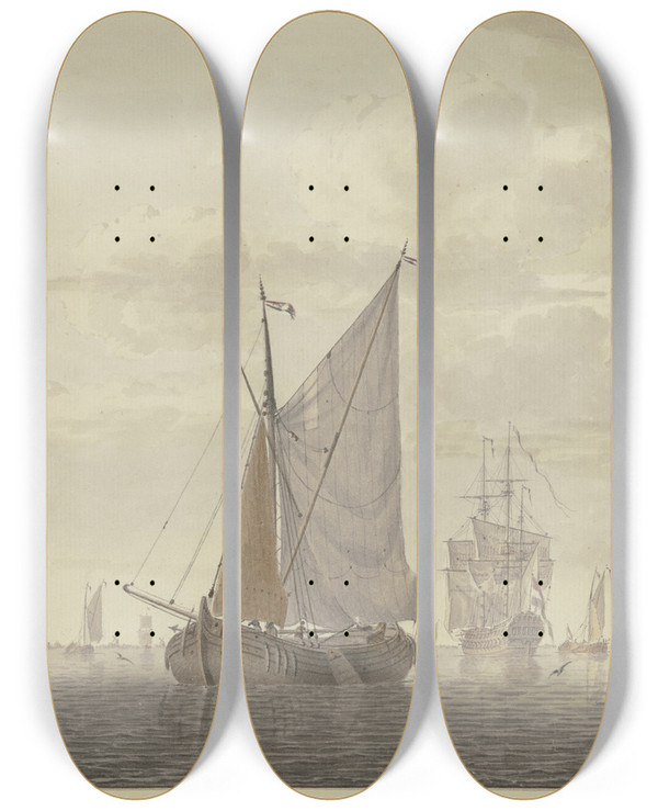 Triptych art skateboard deck of Cornelis De Grient Vor Anker Liegende Segelschiffe by Cornelis de Grient (1691-1783)