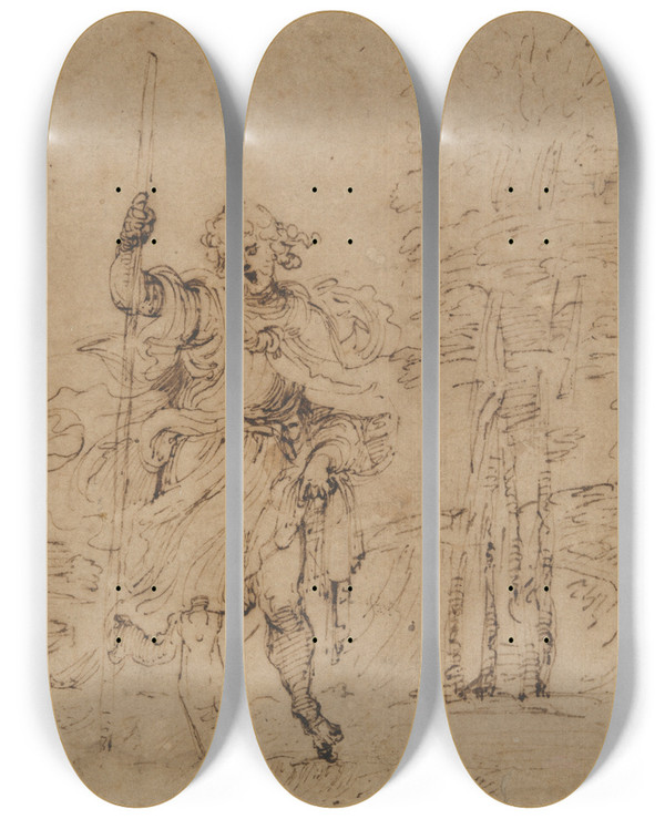 Triptych art skateboard deck of Ludovico Carracci Saint Christopher In Alandscape by Ludovico Carracci (1555-1619)