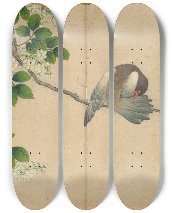 Triptych art skateboard deck of Zhang Ruoai Preening Bird by Zhang Ruoai (1713-1746)