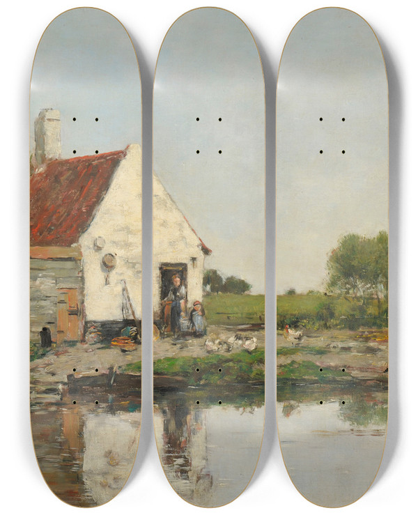 Triptych art skateboard deck of Eugne Boudin Un Coin De Ferme Aux Environs De Dunkerque by Eugene Boudin (1824-1898)