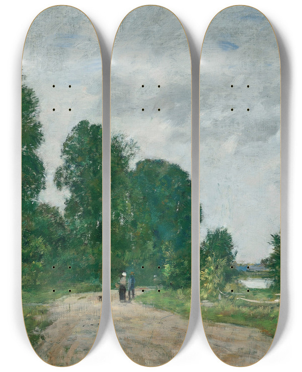 Triptych art skateboard deck of Eugne Boudin Chemin Anim Bord De Rivire by Eugene Boudin (1824-1898)