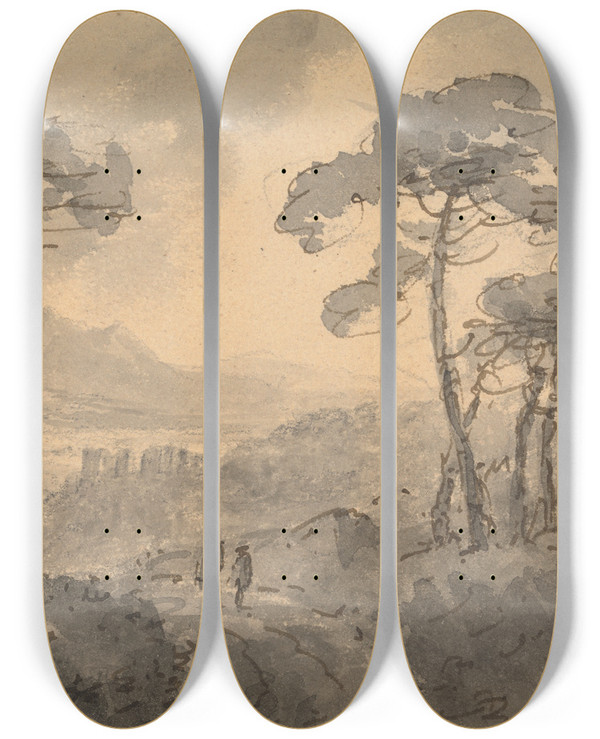 Triptych art skateboard deck of William Gilpin Mountain Landscape With Two Figures On A Winding Road by William Gilpin (1724-1804)