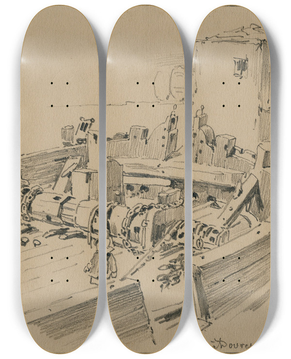 Triptych art skateboard deck of Pieter Van Loon De Ankerwinde Van Een Oud Zeevaartuig by Pieter Van Loon (1801-1873)