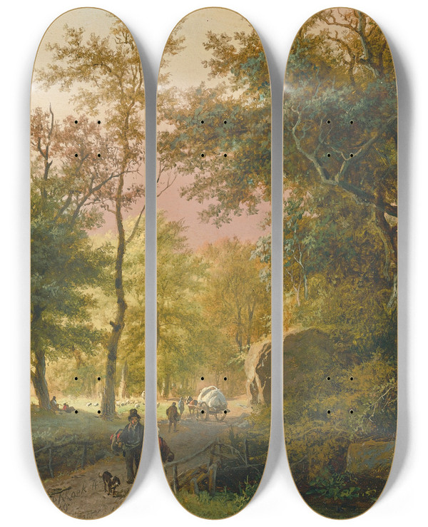 Triptych art skateboard deck of Barend Cornelis Koekkoek Travellers On A Road_1 by Barend Cornelis Koekkoek (1803-1862)