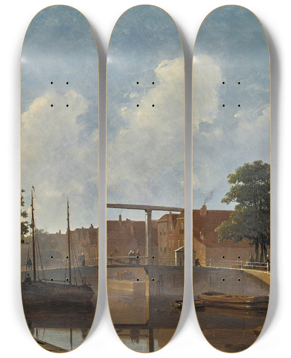 Triptych art skateboard deck of Jan Weissenbruch A Dutch Canal by Jan Weissenbruch (1822-1880)