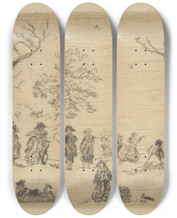 Triptych art skateboard deck of James Ensor Bijeenkomst In Een Park by James Ensor (1860-1949)