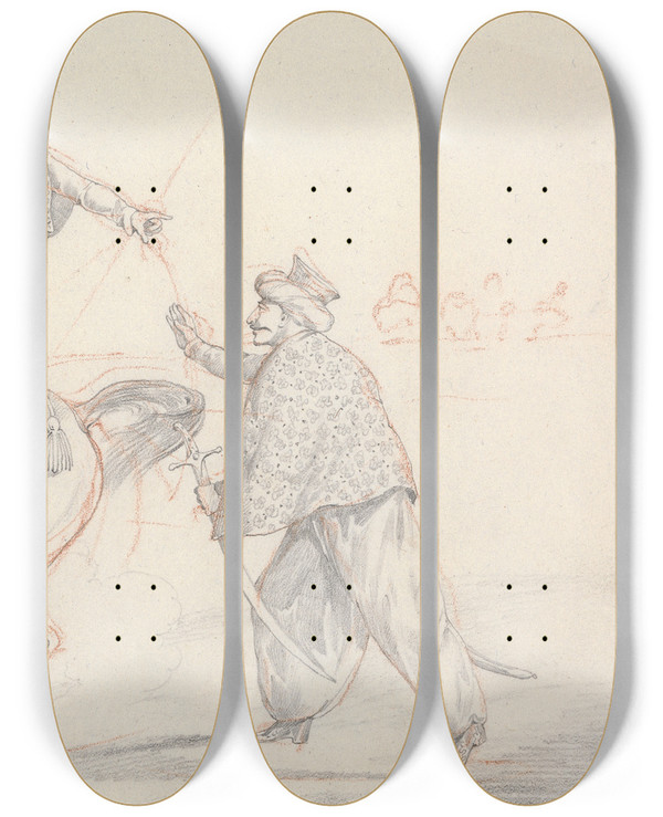 Triptych art skateboard deck of Henry Thomas Alken Scraps No 32 Two Mamelukes Talking One Mounted by Henry Thomas Alken (1785-1851)
