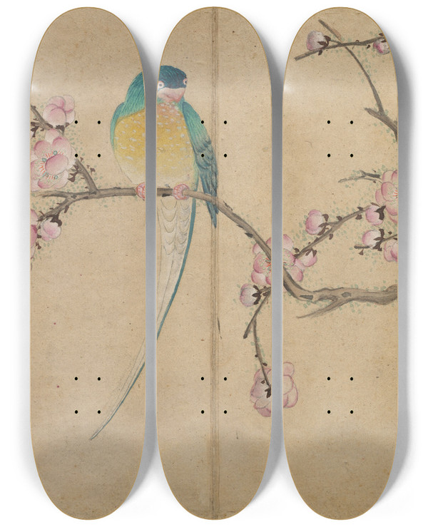 Triptych art skateboard deck of Zhang Ruoai Bird With Plum Blossoms by Zhang Ruoai (1713-1746)