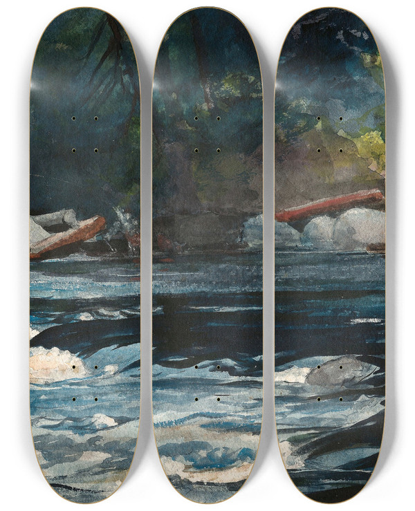 Triptych art skateboard deck of Winslow Homer The Rapids Hudson River Adirondacks by Winslow Homer (1836-1910)