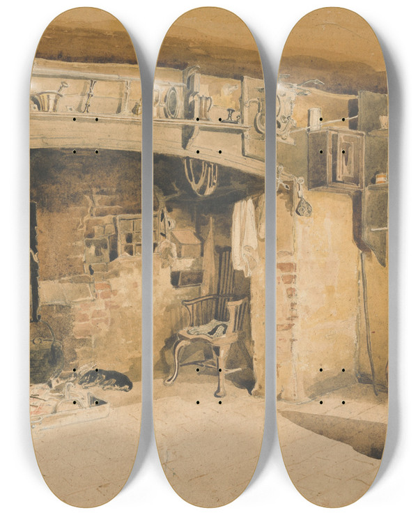Triptych art skateboard deck of Thomas Uwins Farm House Kitchen At Brackham In Surrey by Thomas Uwins (1782-1857)