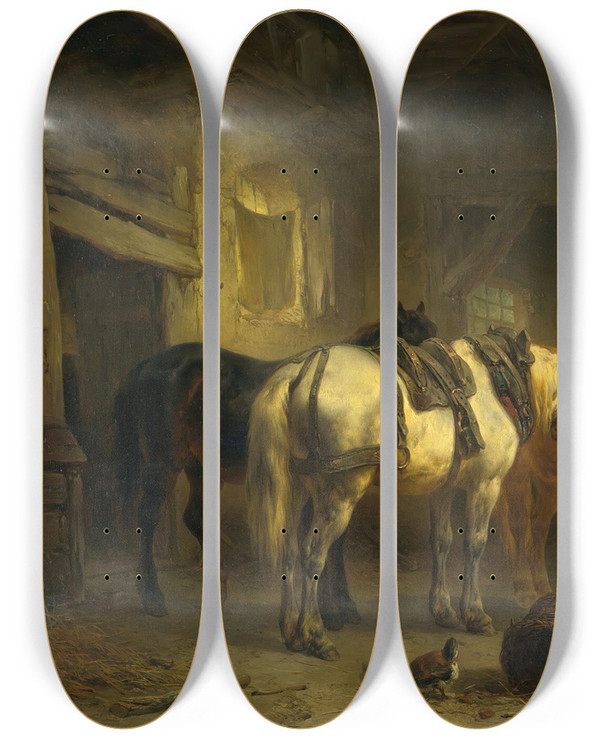 Triptych art skateboard deck of Wouterus Verschuur In The Stables by Wouterus Verschuur (1812-1874)