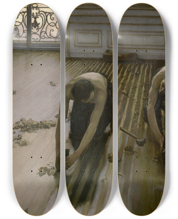 Triptych art skateboard deck of Gustave Caillebotte The Floor Planers by Gustave Caillebotte (1848-1894)