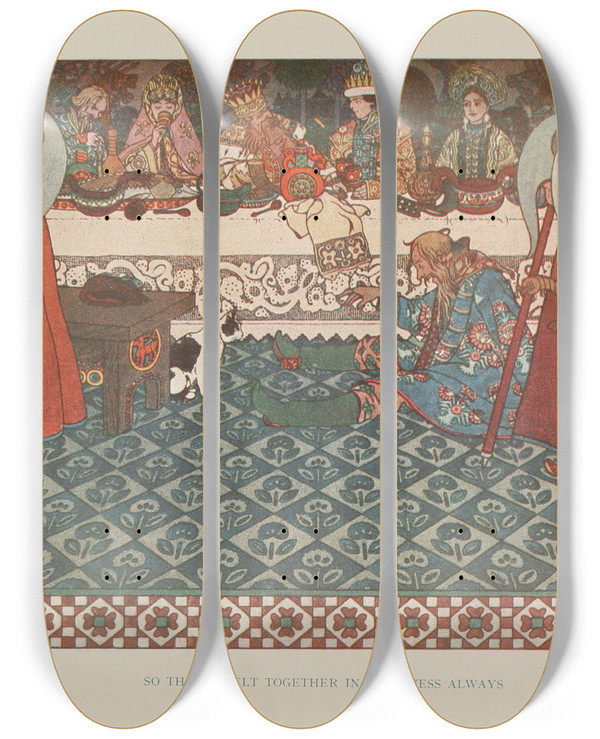 Triptych art skateboard deck of Ivan Bilibin So They Dwelt Together In Happiness Always by Ivan Bilibin (1876-1942)