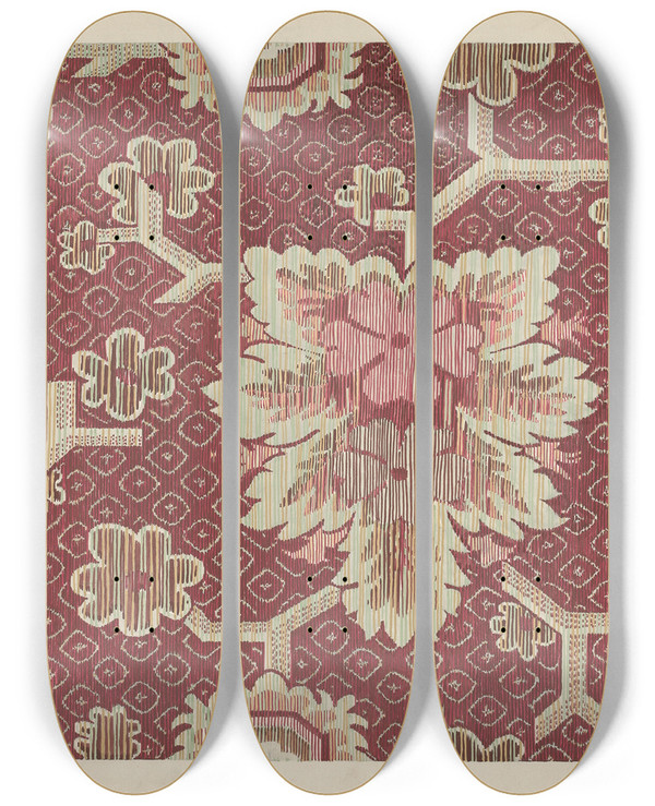 Triptych art skateboard deck of Dorothy Posten Ingrain Carpet by Dorothy Posten