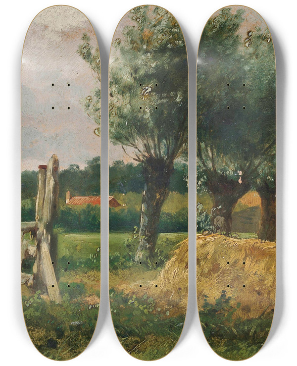 Triptych art skateboard deck of Anton Mauve Landscape With Willow Trees by Anton Mauve (1838-1888)