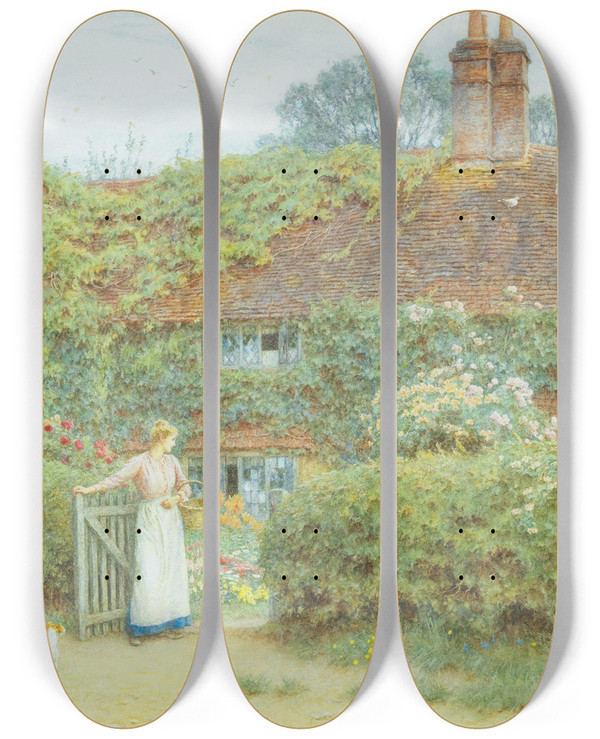 Triptych art skateboard deck of Helen Allingham Old Surrey Cottage by Helen Allingham (1848-1926)