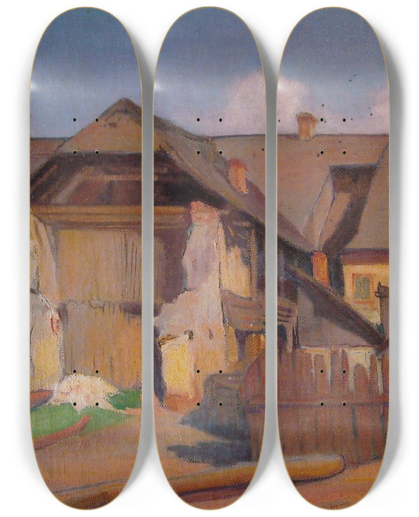 Triptych art skateboard deck of Wadysaw Lewiski Wall Fragment And A Boy by Wadysaw lewiski (1854-1918)