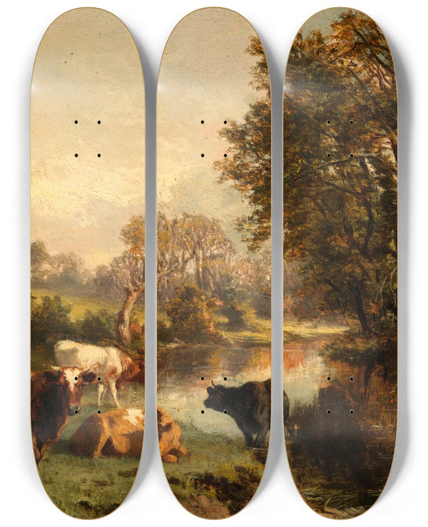 Triptych art skateboard deck of Alfred Grey The River Bank by Alfred Grey (1845-1926)