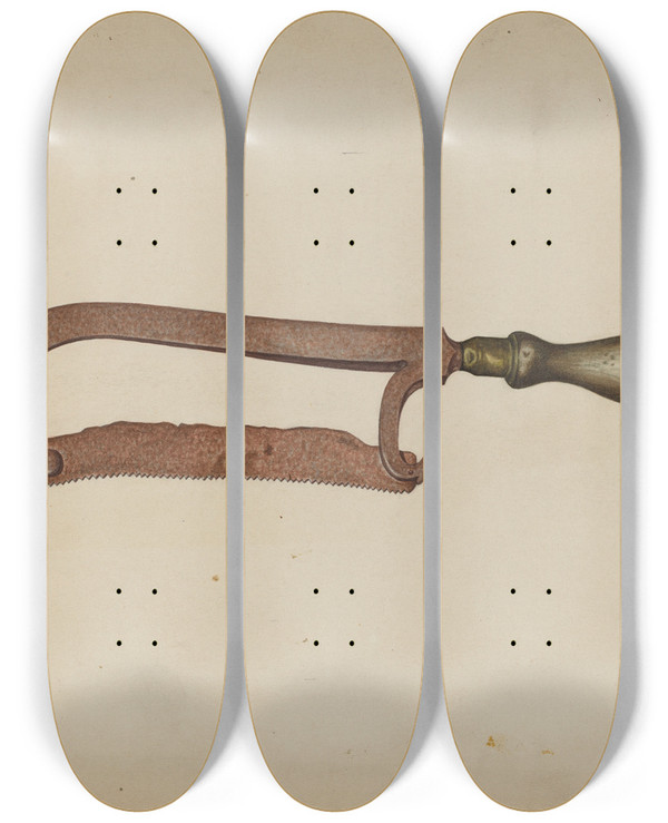 Triptych art skateboard deck of Paul Poffinbarger Hack Saw by Paul Poffinbarger