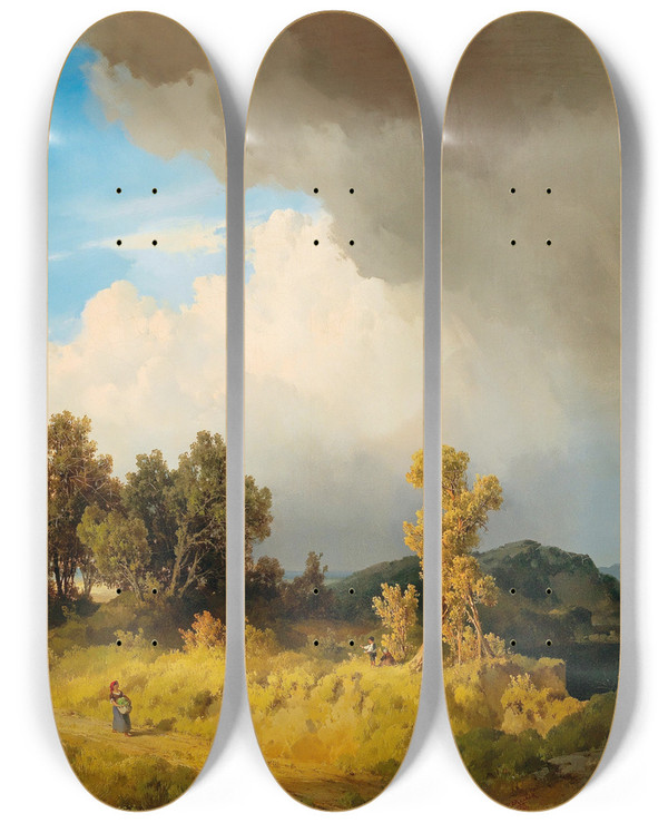 Triptych art skateboard deck of Joseph Brunner Gathering Storm by Joseph Brunner (1826-1893)