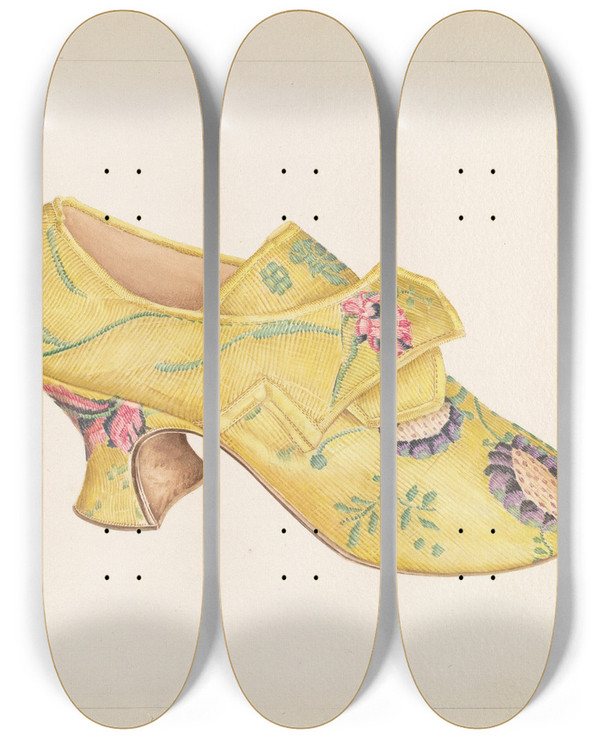 Triptych art skateboard deck of Stella Mosher Womans Shoes by Stella Mosher