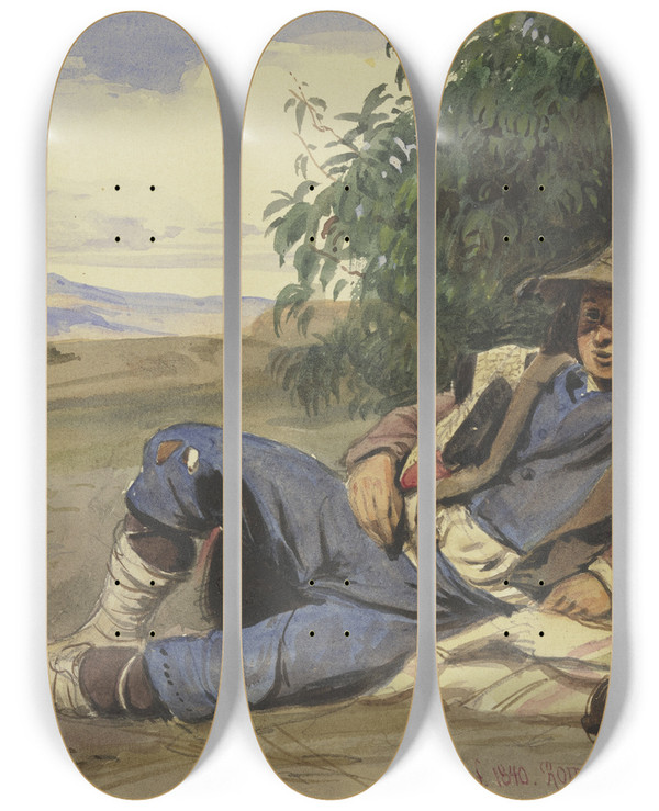 Triptych art skateboard deck of Carl Friedrich Heinrich Werner Savoyarde Am Boden Liegend by Carl Friedrich Heinrich Werner (1808-1894)