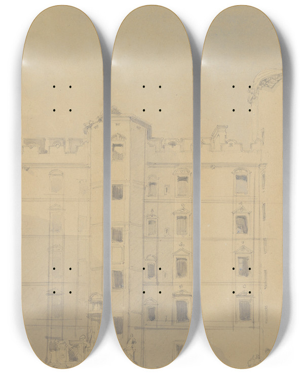 Triptych art skateboard deck of David Roberts Linlithgow Palace Courtyard West Lothian by David Roberts (1796-1864)