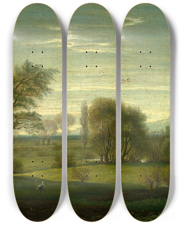 Triptych art skateboard deck of Emil Lugo Oberrheinlandschaft by Emil Lugo (1840-1902)