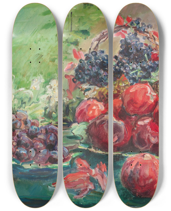 Triptych art skateboard deck of Max Slevogt Still Life With Apples Grapes And Plums by Max Slevogt (1868-1932)