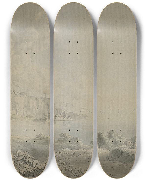 Triptych art skateboard deck of Anthony Devis Coastal Scene by Anthony Devis (1729-1816)
