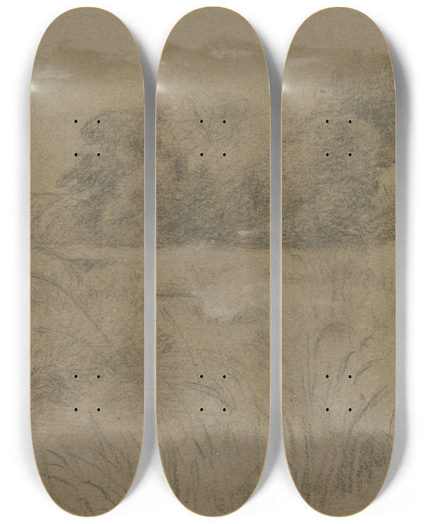 Triptych art skateboard deck of Otto Scholderer Waldlandschaft Bei Kronberg_2 by Otto Scholderer (1834-1902)
