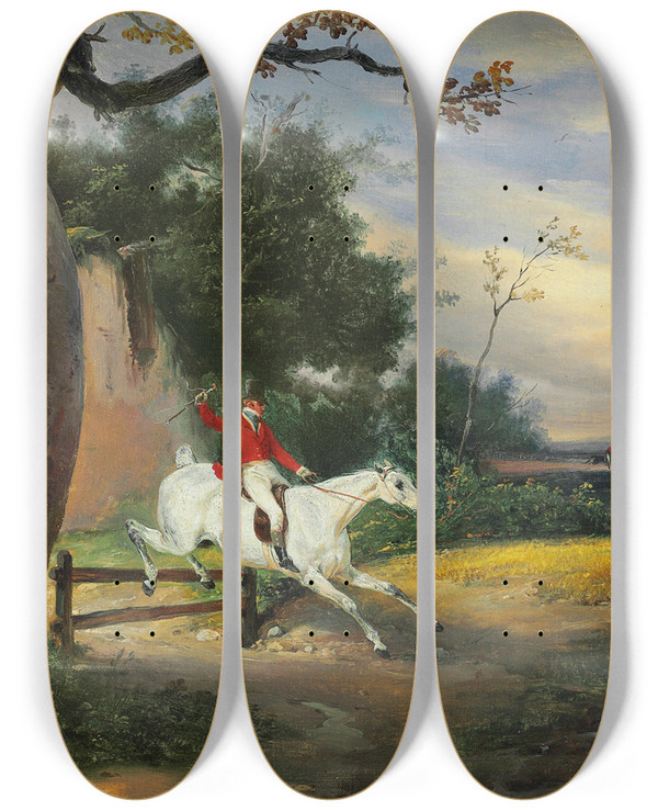 Triptych art skateboard deck of Horace Vernet Over The Fence by Horace Vernet (1789-1863)