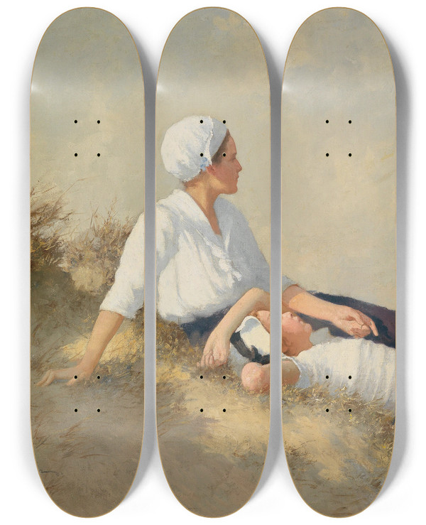 Triptych art skateboard deck of Hermann Seeger Mutter Und Tochter Am Strand by Hermann Seeger (1857-1945)