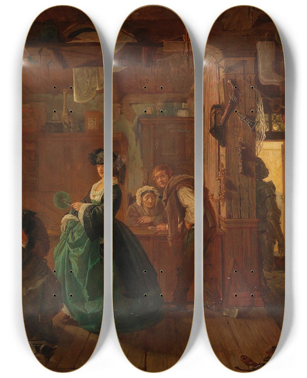 Triptych art skateboard deck of James Marshall In The Junk Shop by James Marshall (1838-1902)
