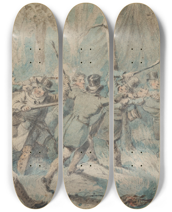 Triptych art skateboard deck of Henry Thomas Alken Poachers Surprised by Henry Thomas Alken (1785-1851)