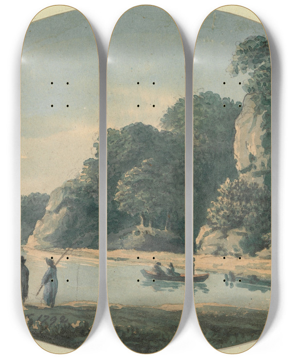 Triptych art skateboard deck of John Glover River With Fishermen by John Glover (1767-1849)