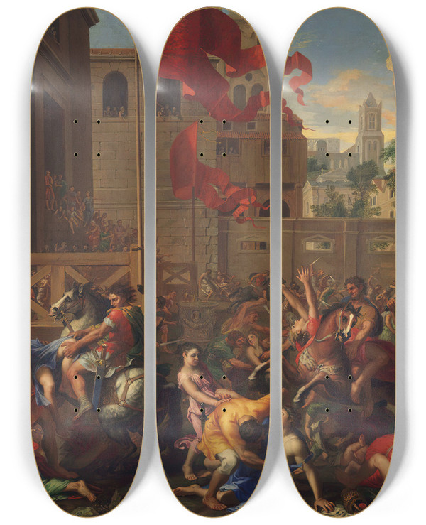 Triptych art skateboard deck of Jacques Stella The Rape Of The Sabines by Jacques Stella (1596-1657)