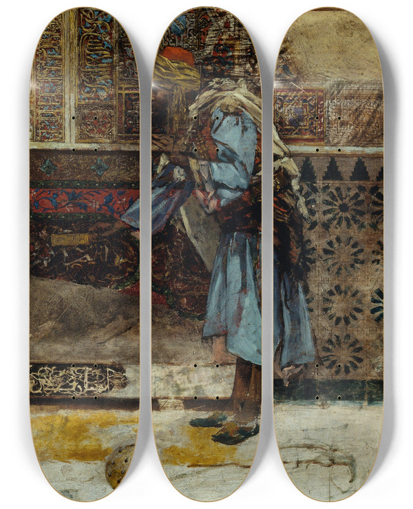 Triptych art skateboard deck of Antonio Fabrs The Sultans Gift by Antonio Fabres (1854-1938)